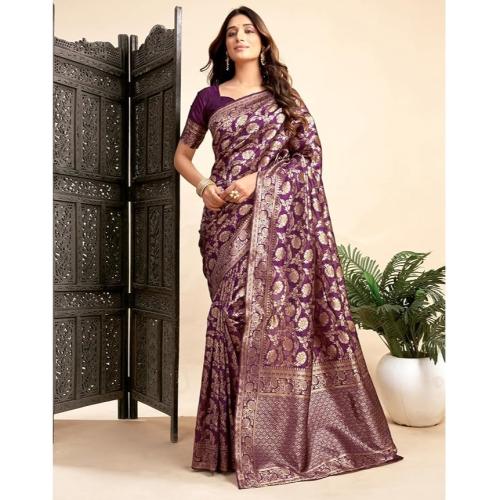 Purple Banarasi Art Silk Saree with Gold Zari Woven Work & Unstitched Blouse
