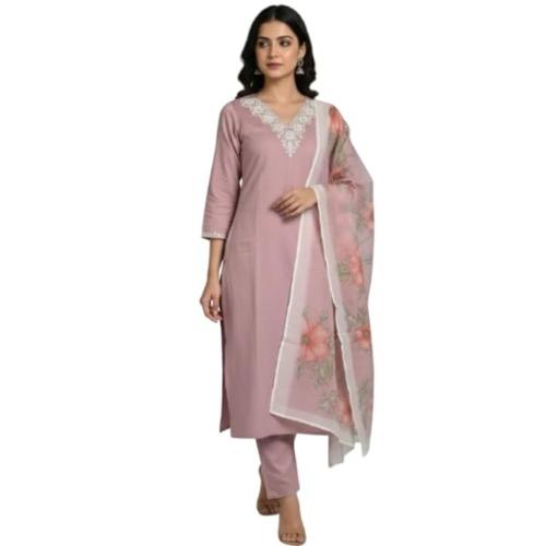 Women’s Dusty Rose Rayon Slub Embroidered Kurta Pant Dupatta Set
