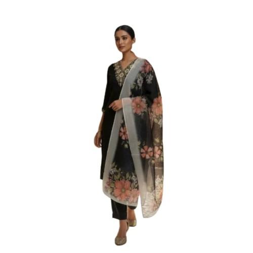 Women’s Black Rayon Slub Embroidered Kurta Pant Dupatta Set 