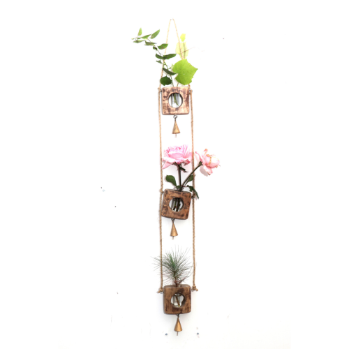 Hanging Wooden Test Tube Planter with Bells – 3-Tier Wall Vase Holder
