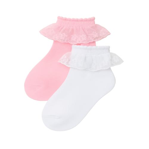 Baby Girls Frill Lace Net Ruffle Cotton Ankle Socks, White and Pink, Pack of 2