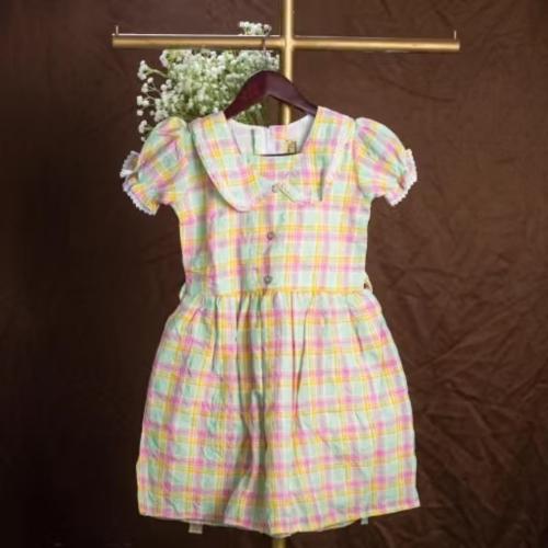 Girls Checked Cotton Blend Peter Pan Collar Knee-Length Frock Dress