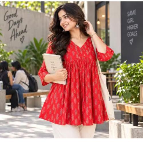 Stylish Printed Cotton Short Kurti for Women - V-Neck Flared
