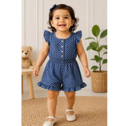 Trendy Printed Denim Romper for Baby Girls