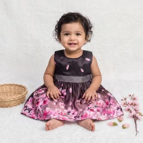 Elegant Dark Brown Floral Printed Satin Baby Girl Frock & Dress 
