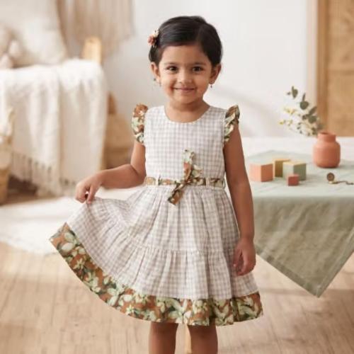 Adorable Girls Checked Cotton Frock — Tiered Sleeveless with Floral
