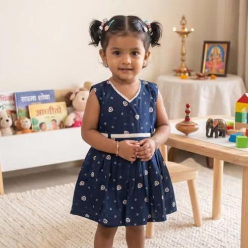 Cute Navy Blue Printed Cotton Frock for Baby Girls