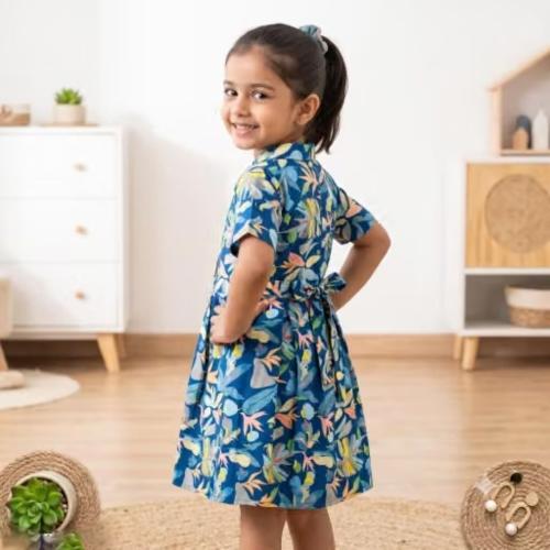 Girls Soft Cotton Blend Floral Printed Knee Length Fit & Flare Frock 