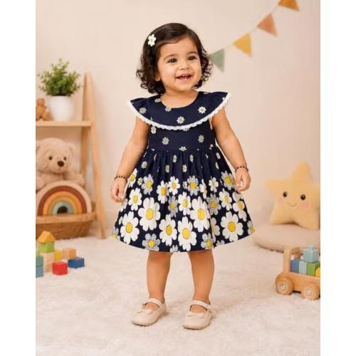 Cute Baby Girl Navy Blue Floral Lace A-Line Frock