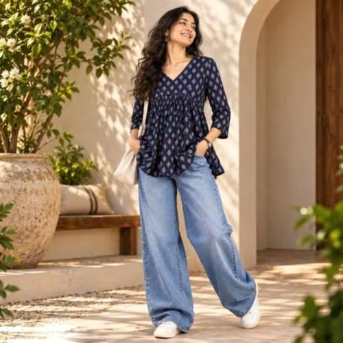 Trendy Women's Printed Cotton Kurti — Alia cut V-Neck Comfort