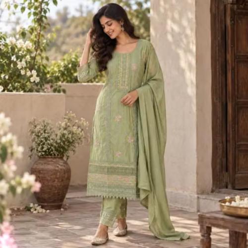Women’s Sage Green Embroidered 3-Piece Salwar Suit Set with Dupatta & Pants