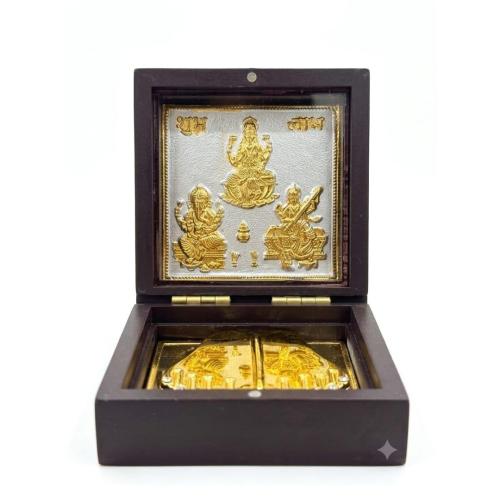 Premium Laxmi Ganesh Saraswati Puja Box with Gold Finish Embossed Idols, Decorative Religious Gift Box