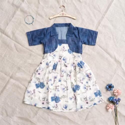 Girls Floral A-Line Dress with Denim Look Shrug - Party & Play