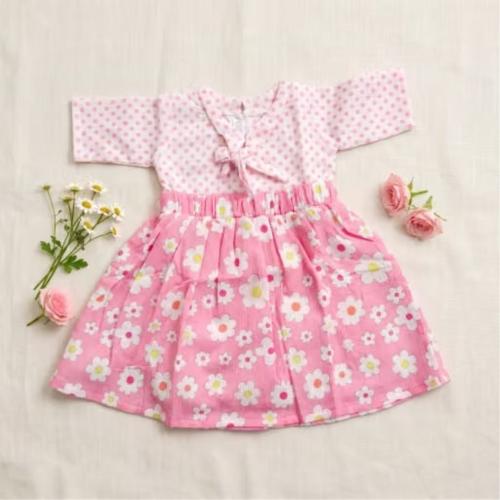 Cute Floral Print Pink Cotton Blend Baby Girl Frock