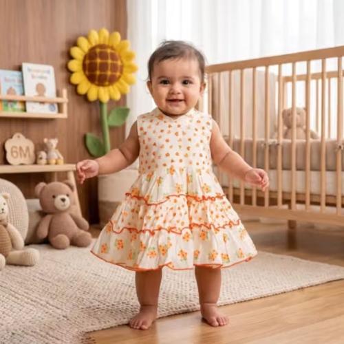 Girls Orange Floral Print Sleeveless Tiered Fit & Flare Cotton Midi Frock Dress