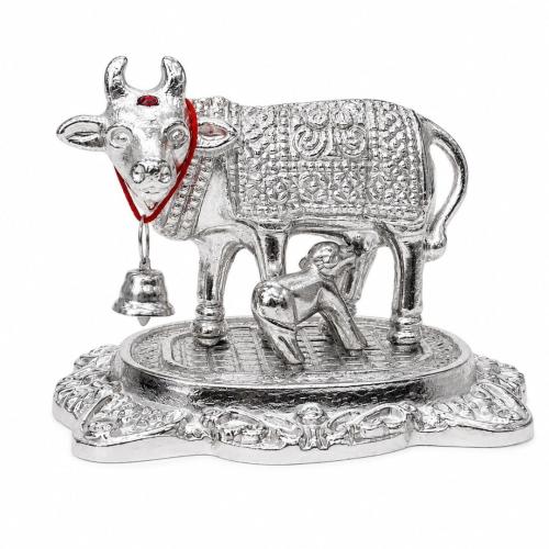 Kamdhenu Gau MATA Idol with Calf | Silver Finish Cow Statue