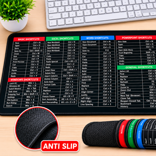 Large Anti-Slip Keyboard Shortcut Mouse Pad 80×30cm – Extended Desk Mat with Excel, Word, PowerPoint & Photoshop