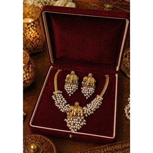 Elephant Pearl Necklace with Jhumkas
