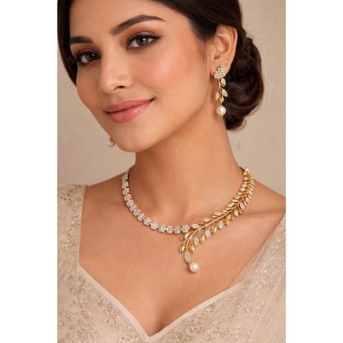 Shrishti Gold Leaf Motif Necklace Set with Pearl Drops