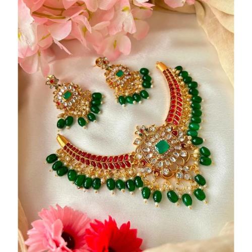 Kundan Necklace Set with Green & Red Beads
