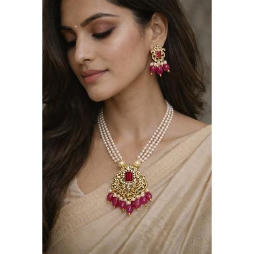 Aarohi Necklace - Beautiful Pearl Mala with American Diamond Stone Pendant in Ruby Pink
