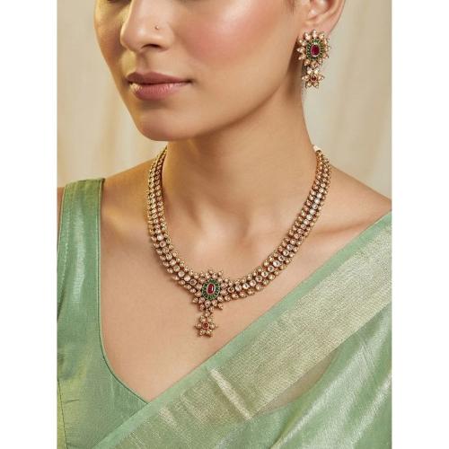 Classic Parvathi Gold-Plated Necklace Set with Ruby & Emerald Accents