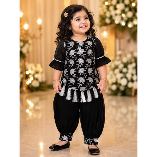 Girls Georgette Ethnic Straight-Cut Kurta & Patiala Pant Set | Embroidered Festive Wear for Baby Girls 