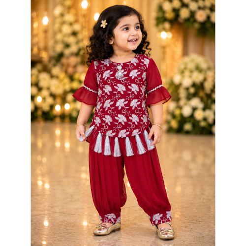 Girls Georgette Ethnic Straight-Cut Kurta & Patiala Pant Set | Embroidered Festive Wear for Baby Girls 