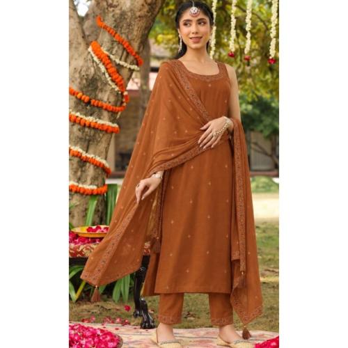 Women’s Embroidered Roman Silk Kurta Set with Trousers & Dupatta