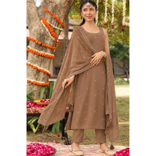 Women’s Embroidered Roman Silk Kurta Set with Trousers & Dupatta