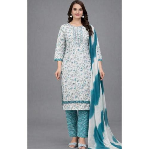 Women White & Pink Floral Printed Straight Kurta with Trousers & Ombre Dupatta
