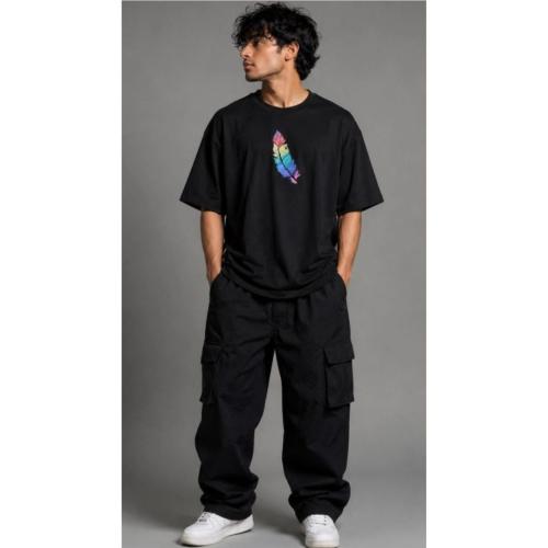 Men Black Feather Graphic Print Oversized Cotton T-Shirt