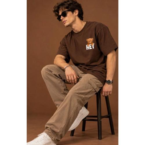 Men Brown Hey Teddy Graphic Print Oversized Cotton T-Shirt