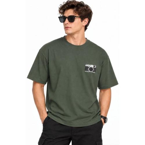 Men Olive Green Graphic Print Oversized Cotton T-Shirt