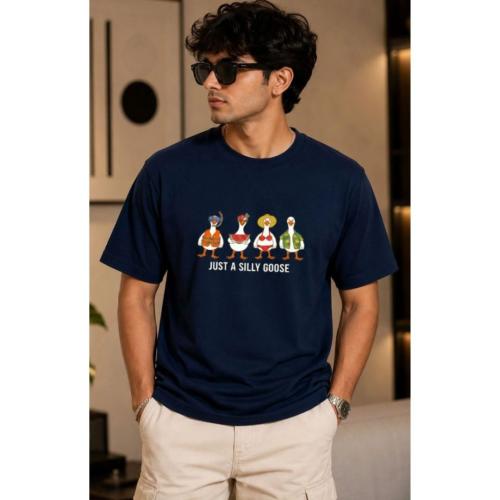 Men Navy Blue Graphic Print Oversized Cotton T-Shirt