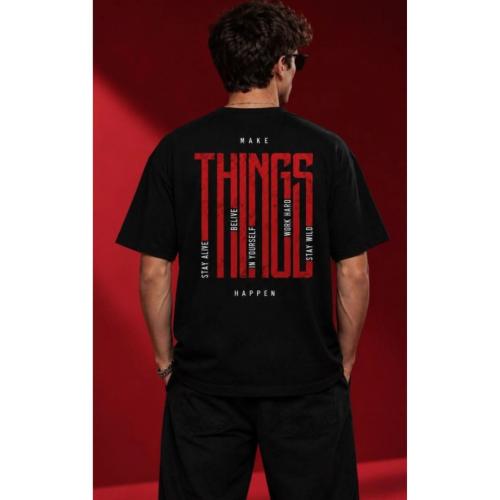 Men Black Typography Print Oversized Cotton T-Shirt