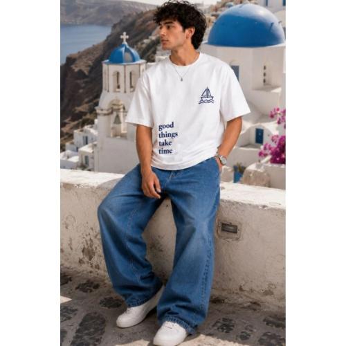 Men White Typography Print Oversized Cotton T-Shirt
