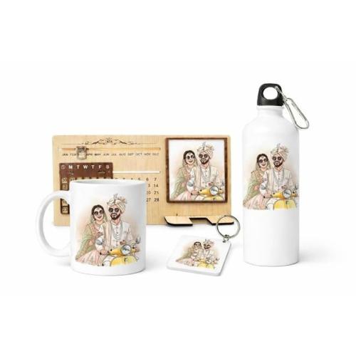 Customized Gift Combo Set with Photo Printed Mug, Wooden Lifetime Calendar, Sipper Bottle & Keychain
