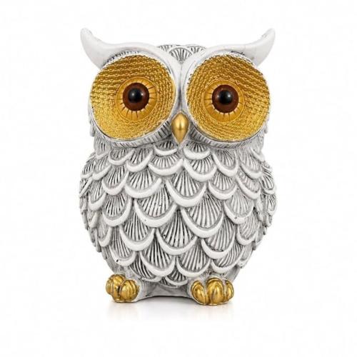 Resin Owl Figurine, White and Gold, Decorative Sculpture for Home, Office, and Car Dashboard