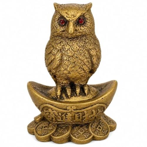 Resin Feng Shui Owl Statue with Wealth Coins for Home & Office