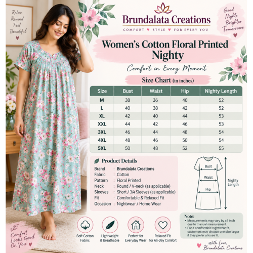 Women's Cotton Floral Printed Nighty | Soft Breathable Maxi Night Gown Sleepwear