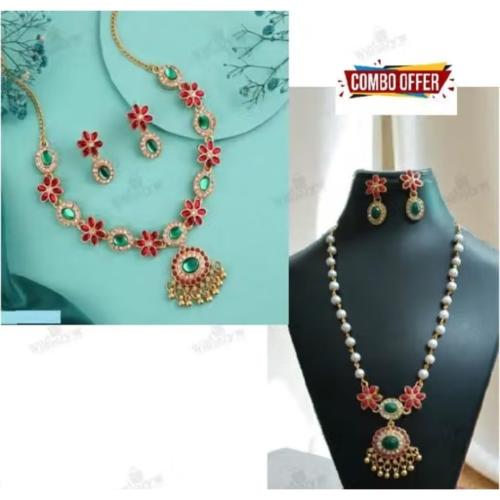 Gold-Plated Green and Pink Choker Necklace Jewellery Combo Set for Women and Girls