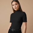 Close-up of women's black casual half sleeve solid top fabric and fit