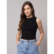 Women's black casual solid top paired with blue jeans