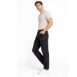 Side profile of men's black straight fit jeans