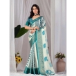 off-white and teal printed lichi silk saree front pose