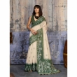 Women cream and green Munga cotton handloom saree with woven border
