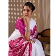 White and Rani Pink Printed Satin Georgette Saree for Women Side View