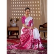 Close Up View of White and Rani Pink Printed Satin Georgette Saree