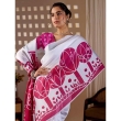 White and Rani Pink Printed Satin Georgette Saree Border and Print Detail